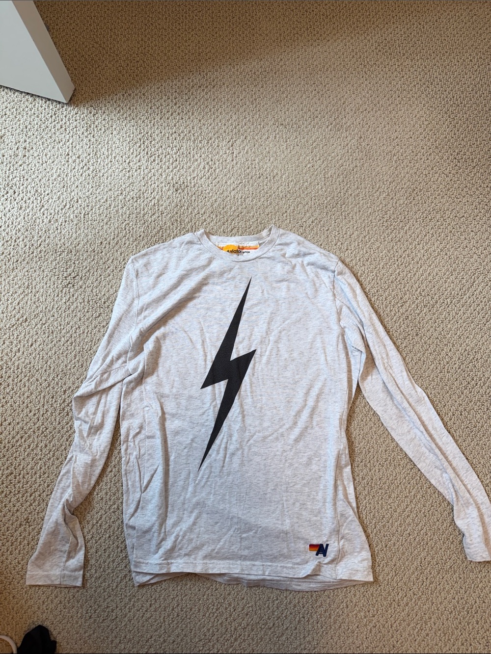 Aviator Nation Light Gray Long Sleeve Tee with Black Lightning Bolt